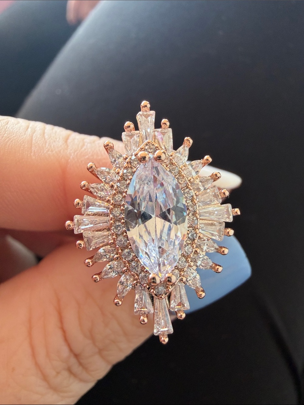 Rose Gold Marquise Halo Cocktail Ring with Clear Crystal